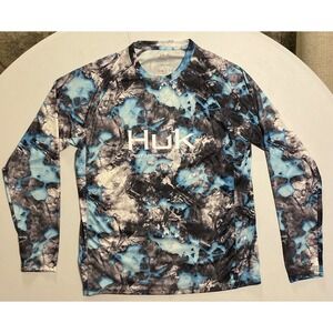 Huk Performance Fishing Blue Fracture Camo Long Sleeve Mesh Shirt Mens M